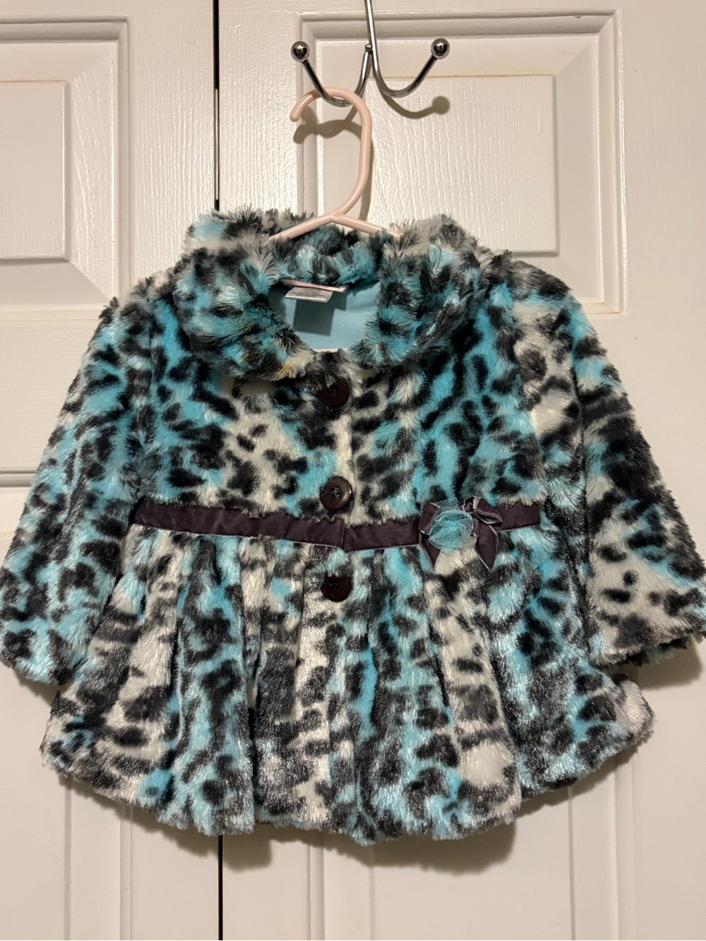 Little Lass Aqua and Black Faux-Fur Leopard Toddler Pea Coat